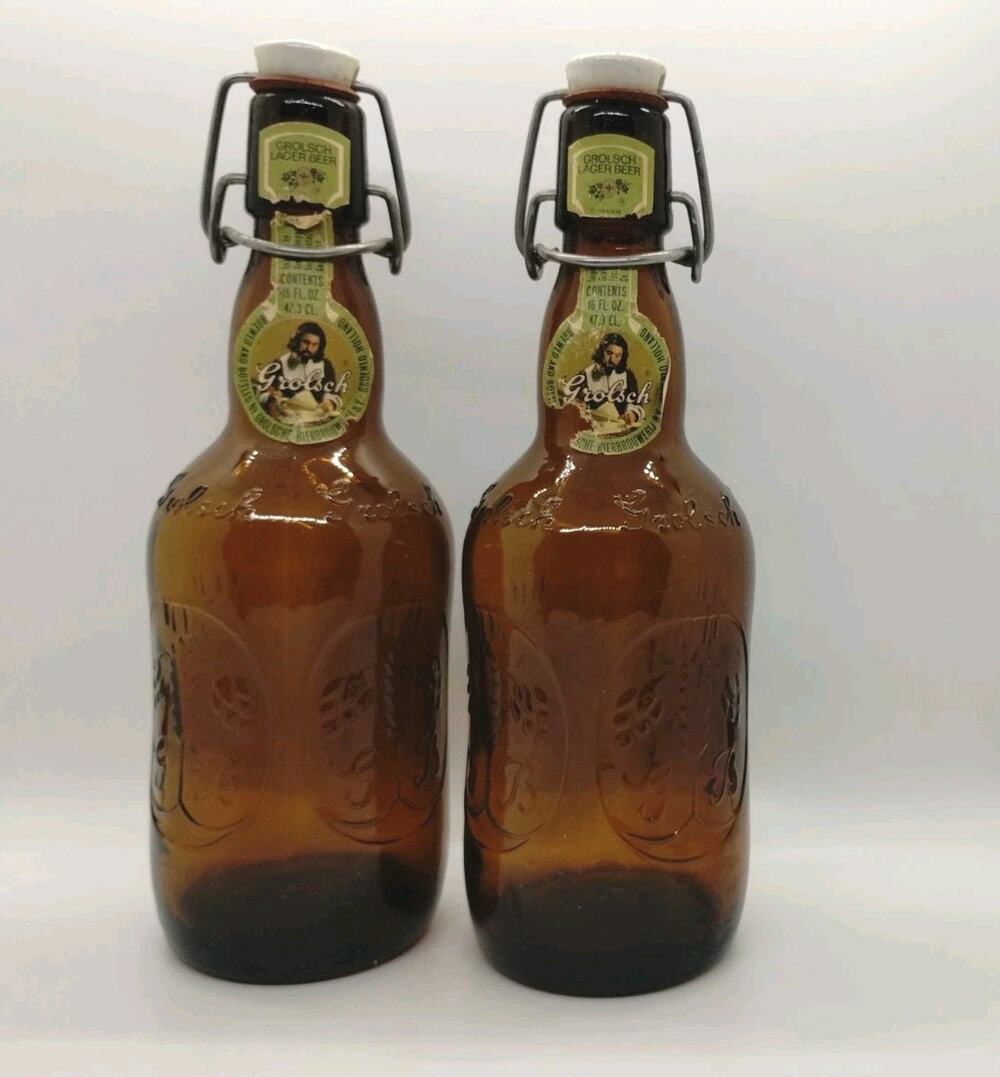Lot Of 2 Vintage Grolsch Amber Brown Lager Beer Bottles Porcelain Swing Top